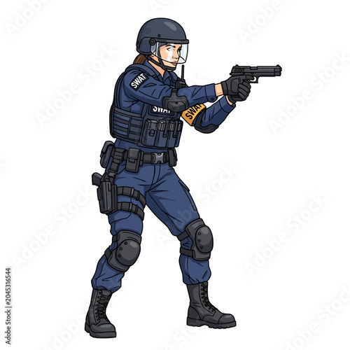 Armed SWAT Officer with Handgun Targeting, Pixel Art Illustration.
