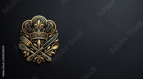 Ornate golden chef hat and crossed cutlery logo on dark background