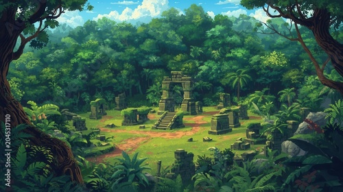 ancient jungle temple ruins overgrown with tropical greenery in misty sunlight