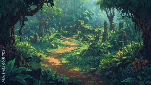 sunlit jungle trail leading to ancient mossy stone ruins in tropical forest
