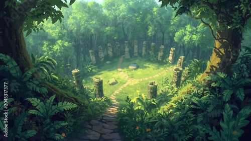 sunlit jungle trail leading to ancient mossy stone ruins in misty forest