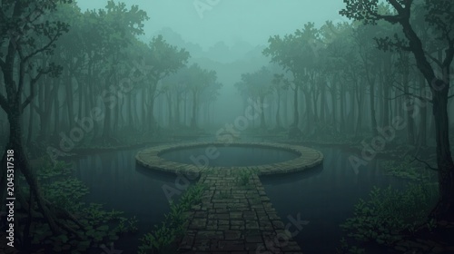 misty mangrove swamp pathway with eerie fog and still water pools