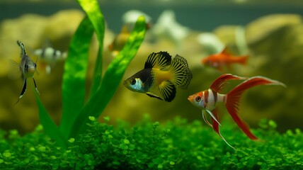 Vibrant tropical aquarium scene with ornate fish swimming around lush green plants