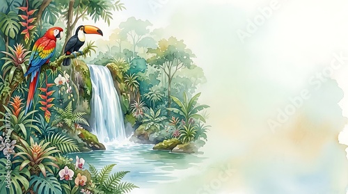 Tropical birds perched in a lush jungle with a scenic waterfall