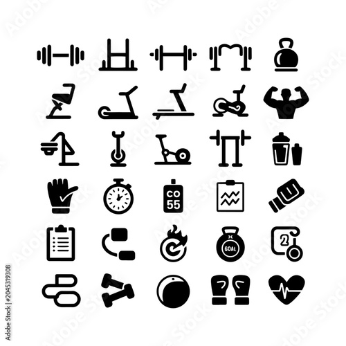 Gym and fitness icon set with 30 black solid vector elements, workout equipment symbols for bodybuilding and weightlifting, sports training flat icons