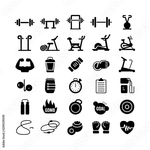 Fitness and gym equipment icon set, 30 black vector workout symbols, bodybuilding and weightlifting gear for health club branding