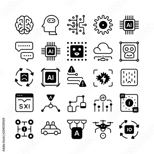 Artificial intelligence icons set, 25 vector line symbols for machine learning and neural networks, black and white technology UI elements