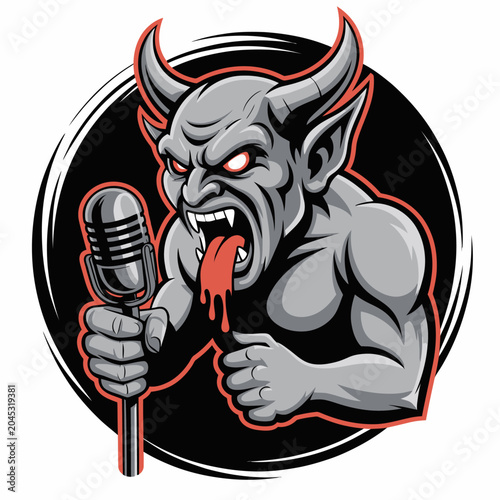 Quadro su tela Gray cartoon devil with microphone.