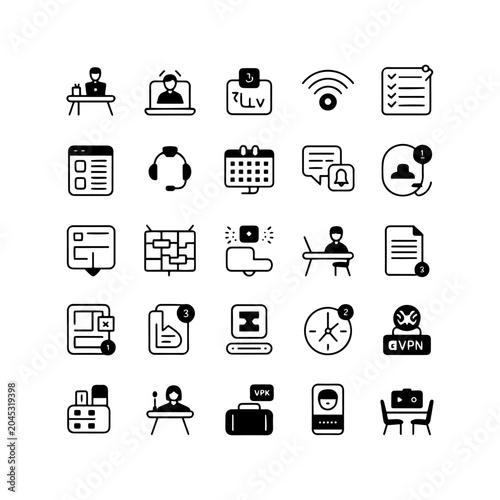 Remote work icon set, 25 black line and solid vector icons for freelance business, home office and digital nomad lifestyle symbols