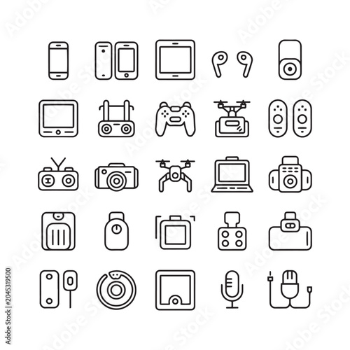 Modern electronic gadgets line icons, set of 25 digital device vector symbols, consumer technology and smart home hardware equipment