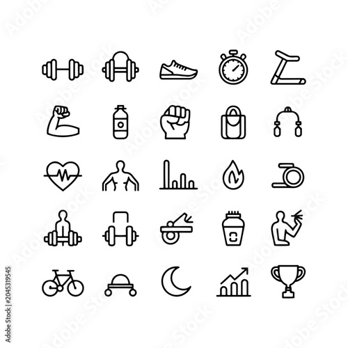 Minimalist fitness line icons set, 25 gym and workout vector symbols, black outline health and exercise signs for mobile apps and web design