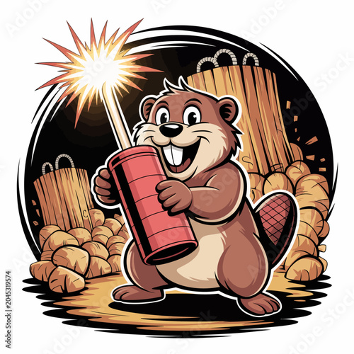 Tableau sur toile Cartoon beaver holding firework stick.
