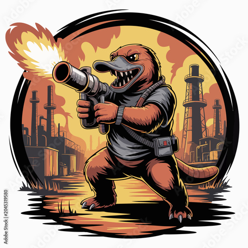 Foto angry dinosaur holding large gun.