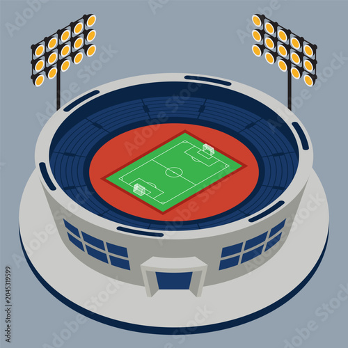 Isometric modern soccer stadium with green pitch, blue grandstand, and tall floodlight isolated on grey background flat design style. Suitable for sport graphic element