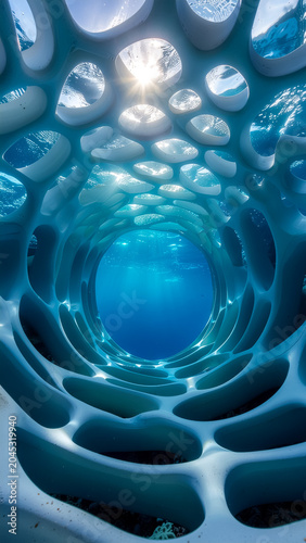 Blue Abstract Underwater Tunnel with Countless Circular Holes and Sunlight