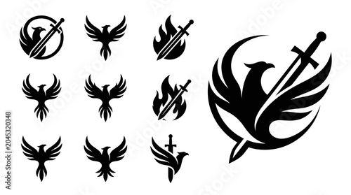 Foto Phoenix Sword Emblems: Mythical Bird and Blade Icons Collection