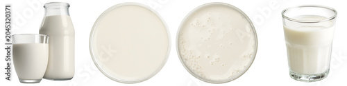 Obraz na plátně a collection of fresh white milk in a glass and bottle, including overhead views, capturing its purity and creamy texture in a realistic photograph