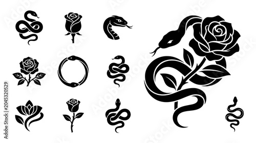 Foto Snake and Rose Silhouettes: Tattoo Style Icons & Designs