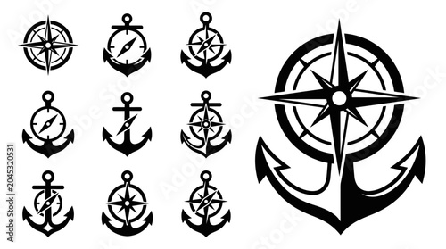 Cuadro en lienzo Nautical Anchor and Compass Icons Set: Marine Navigation Symbols, Vintage Mariti