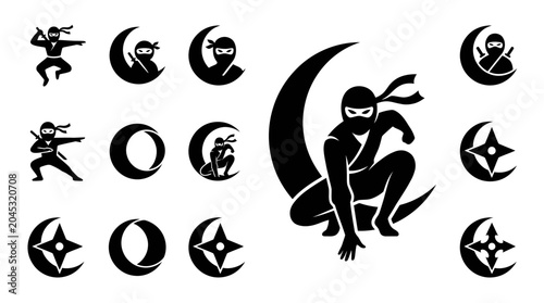 Foto Ninja Moon Icons Silhouette: Stealthy Warrior Poses, Crescent Moon, Shuriken, Ma