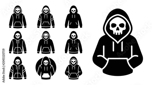 Obraz na płótnie Skull Hoodie Icon Set: Anonymous Hacker, Grim Reaper, Dark Web Character