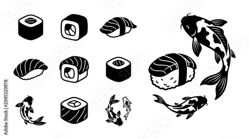 Konstfotografi Japanese Sushi & Koi Fish Vector Icons Set - Black and White