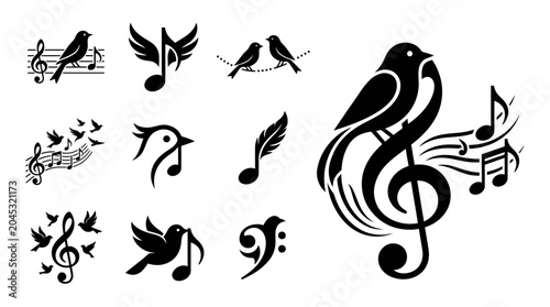 Obraz na plátně Chirping Birds and Musical Notes Collection - Vector Icons