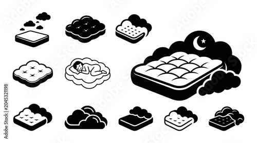фотографія Mattress Icons Set: Sleep, Comfort, Dreams, Night Sky Elements