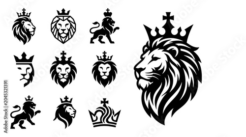 Photos Lion Crown Icons Set Vector Graphic Design Silhouette Royal Majesty Animal Emble