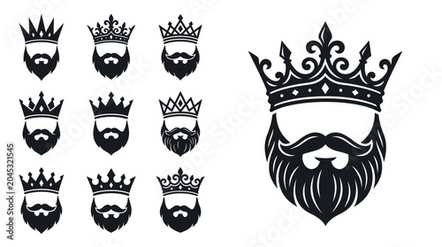 Принти на полотні Bearded King Icons Set: Royal Crowns and Moustaches, Silhouette Vector Illustrat