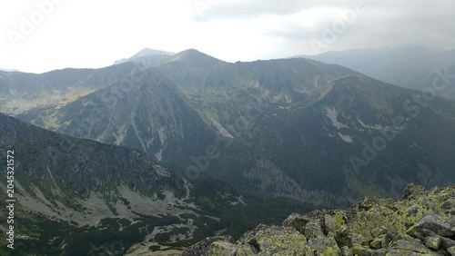 Wide scenic panorama of the Tatra Mountains in Poland with green alpine valleys, mountain ridges under a cloudy sky, and mossy rocks in the foreground.