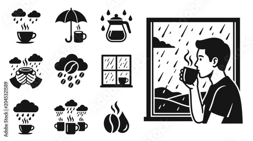 Foto Cozy Rainy Day Coffee Break: Man Drinks Hot Beverage by Window
