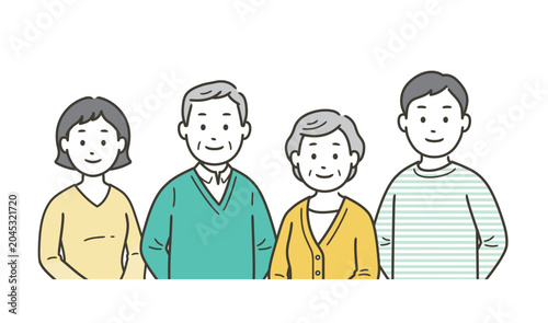 高齢者夫婦と若い夫婦が笑顔で集合した上半身イラスト

