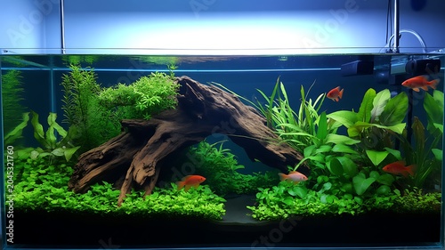 A vibrant aquarium scene with a large driftwood decoration surrounded by lush green plants and small red fish swimming in the water.