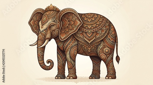 Stylized elephant illustration featuring intricate ornamental patterns, evoking cultural heritage and spiritual wisdom through its majestic and serene decorative art