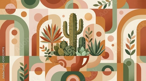Vibrant abstract desert botanical illustration featuring a harmonious collection of cacti and succulents amidst a stylish geometric pattern in earthy, mid-century modern tones
