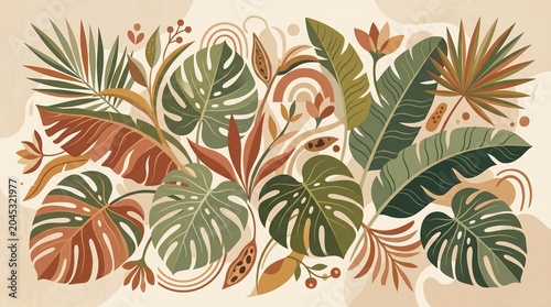 Lush Botanical Foliage Pattern in Warm Earthy Tones, a Vibrant Abstract Illustration of Exotic Tropical Leaves and Organic Plants