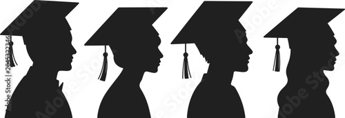 Silhouettes of four graduating students in profile wearing academic caps and gowns graduation graduates