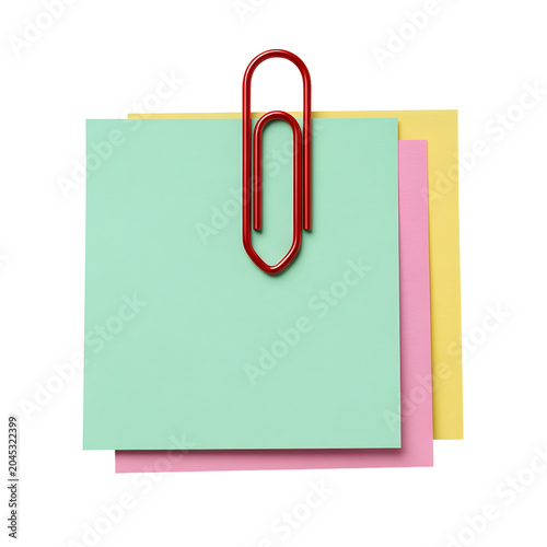 Red Paperclip Holding Stack of Colorful Sticky Notes