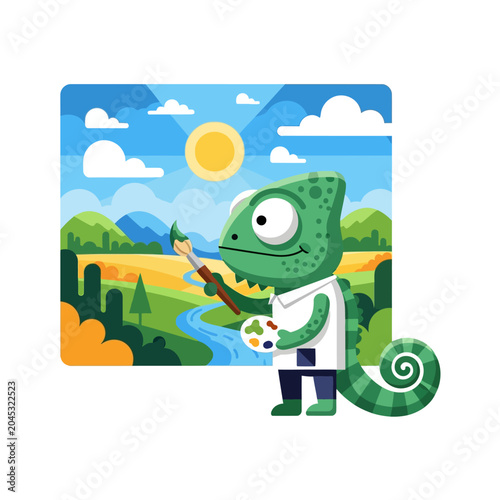 Chameleon Artist Painting Landscape Illustration