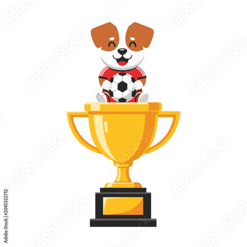Cute Cartoon Dog on Golden Trophy Holding Soccer Ball