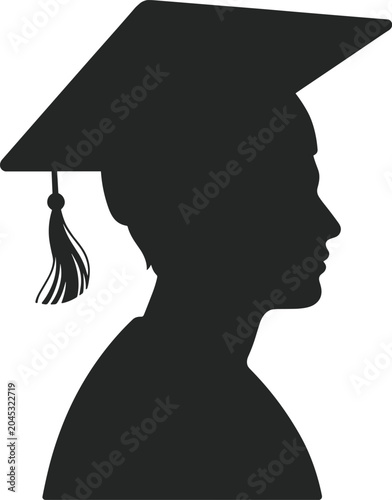 Silhouette profile of a person wearing a graduation cap and gown looking to the right graduate