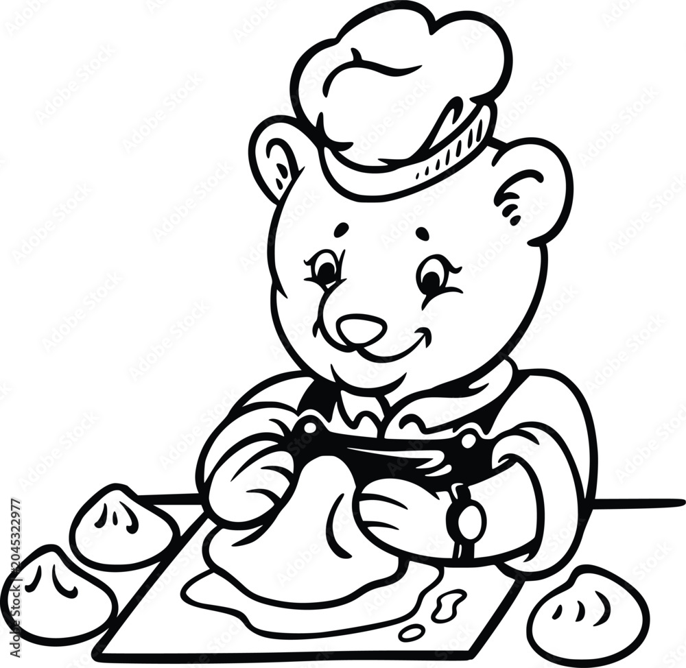 Fototapeta premium Cute black line illustration of a bear chef decorating dough on a kitchen tray, shown front-facing in a playful baking scene on white