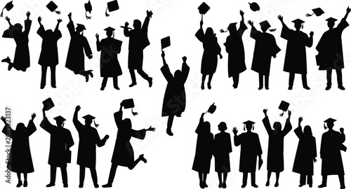 Silhouette Of Diverse Graduates Celebrating Graduation With Caps Thrown In The Air students celebration