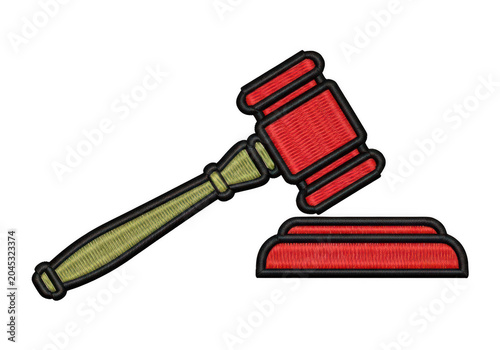 Red and yellow judge gavel embroidery patch design on fabric Isolated transparent icon png
