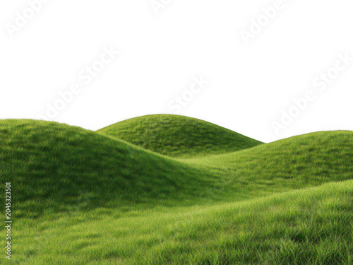 Green rolling hills landscape with gentle slopes and grassy terrain isolated transparent background Png.