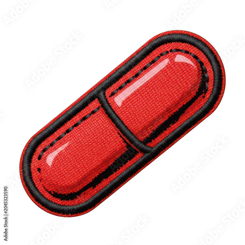 Red pill icon with embroidered fabric texture and black stitching Isolated transparent icon png