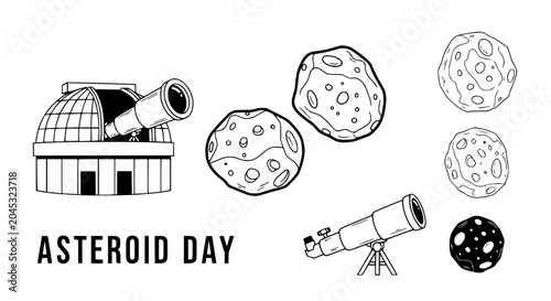 Bild auf Leinwand Asteroid Day Illustration: Observatory, Telescopes, and Asteroids