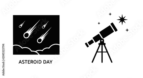 Tablou pe pânză Meteor Shower & Telescope Icon Set: Asteroid Day Astronomy Concept