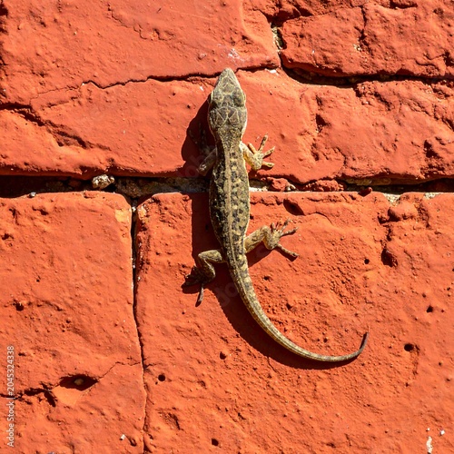 A small lizard clings to a sun-drenched, textured, reddish-orange brick wall, casting a small shadow below it